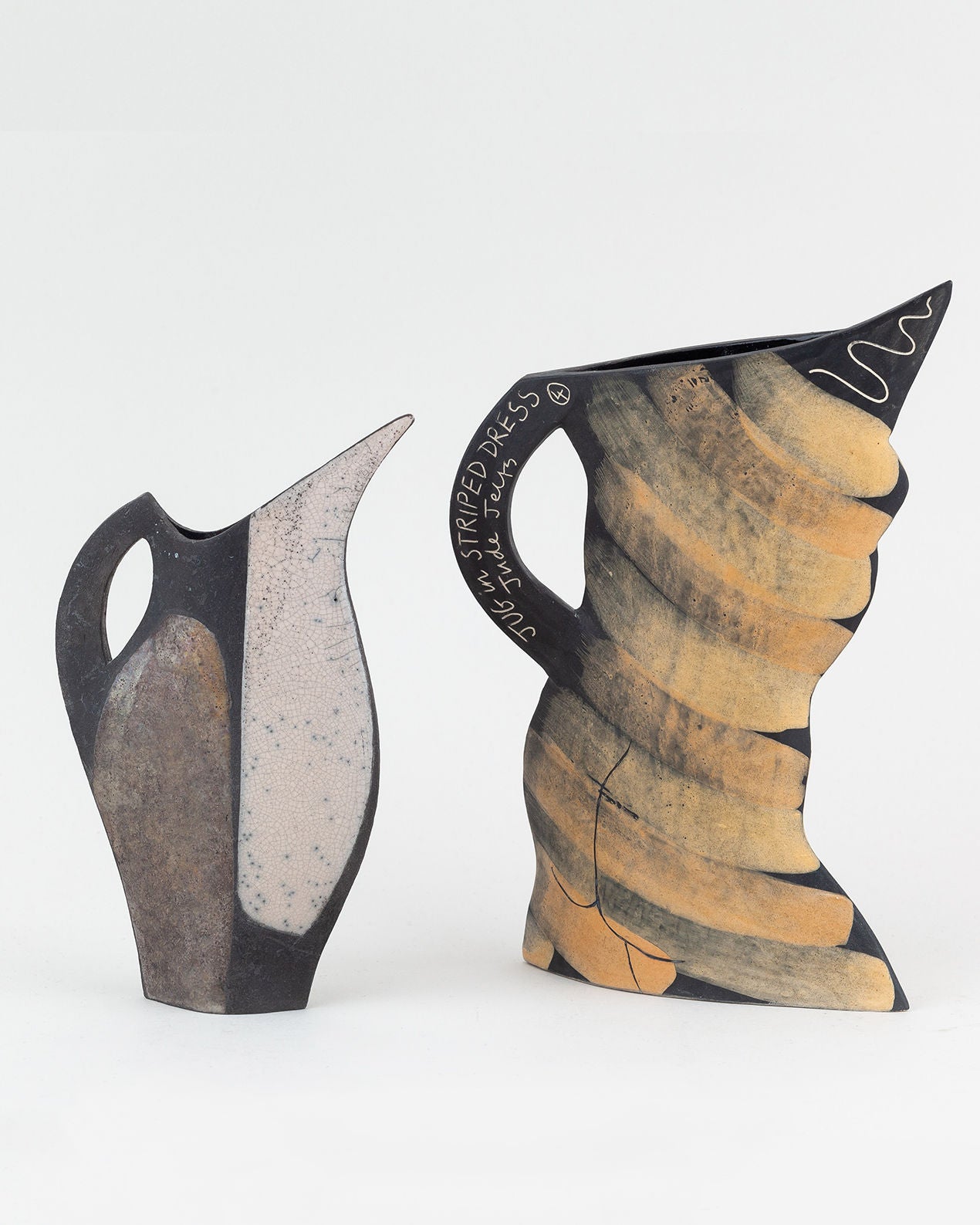 Two Earthenware Jugs, one by Jude Jelfs (1950)
