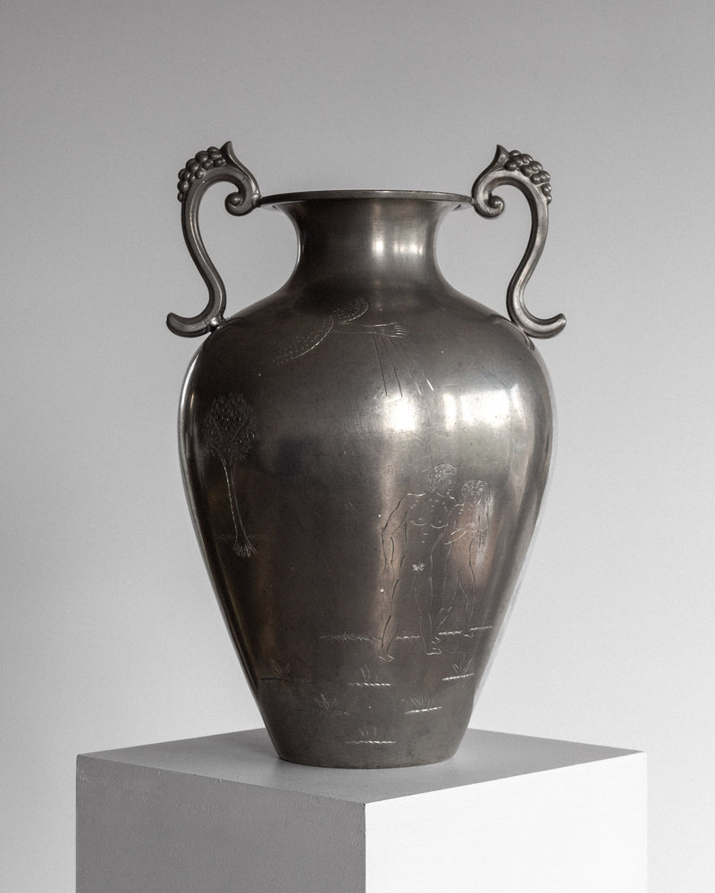 Large Swedish Art Deco pewter amphora with Adam & Eve engraving