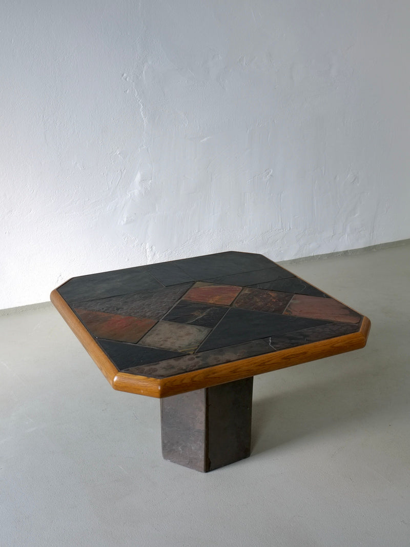 Brutalist stone oak square coffee table 1970s corner angle view