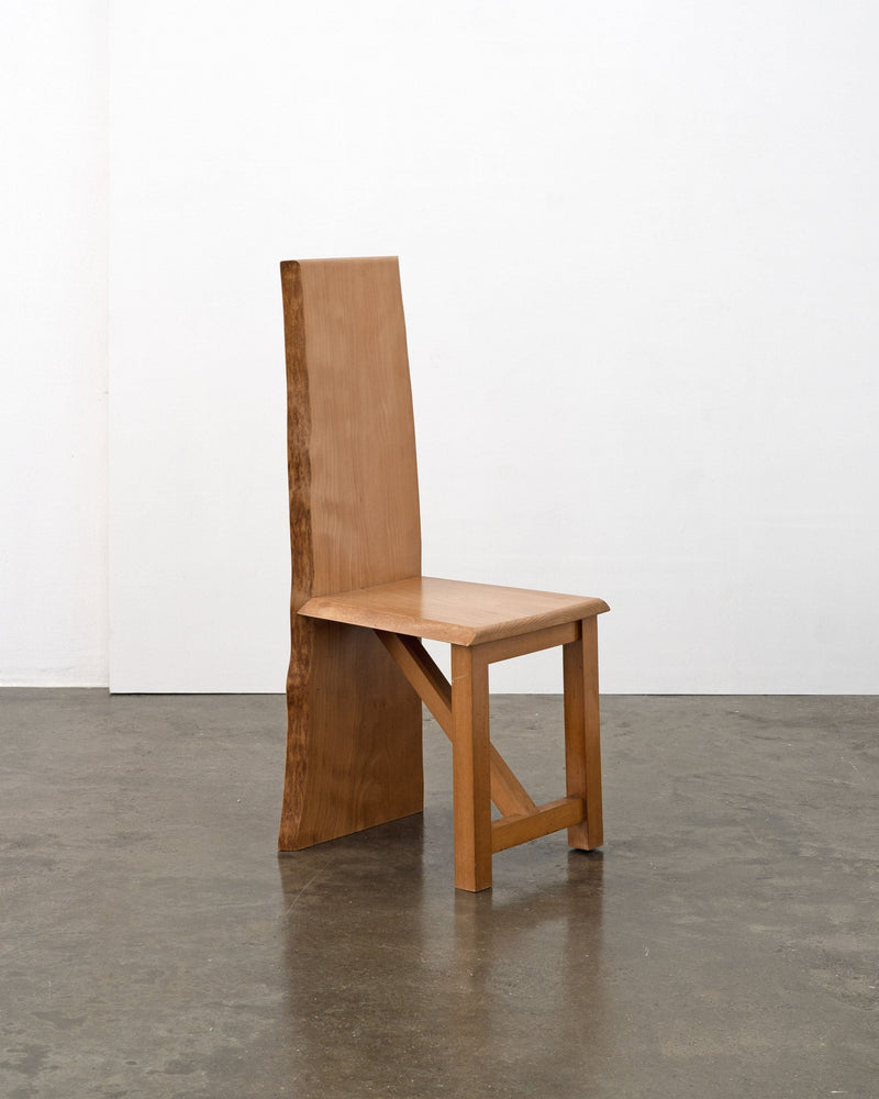 Postmodern live edge oak high back chair with geometric base