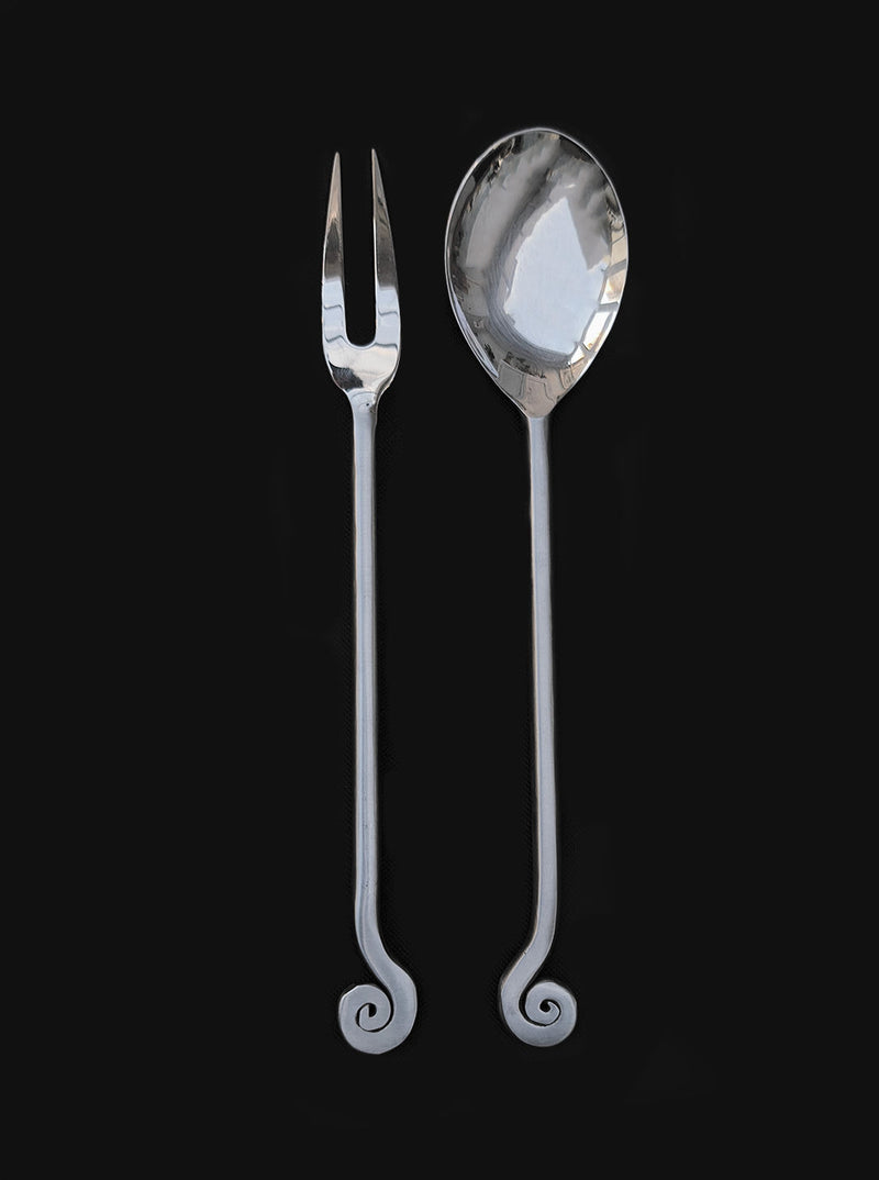 Silver serving spoon and fork set with elegant spiral handles