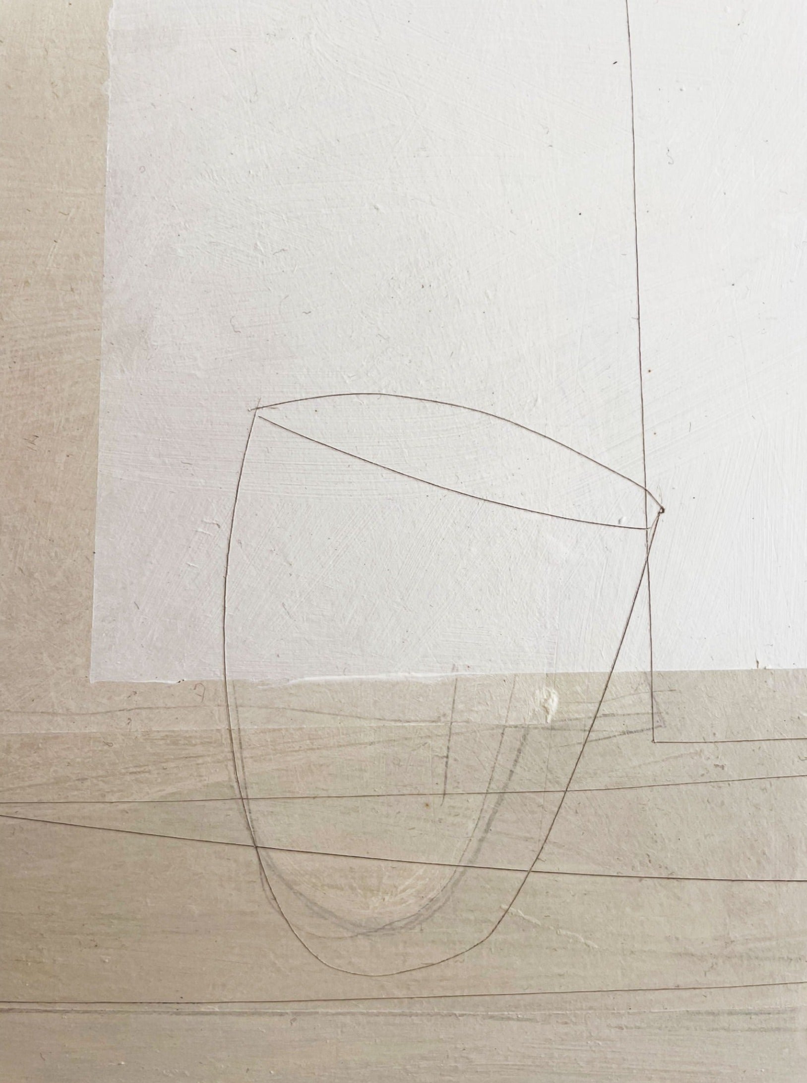 A minimalist still life painting features abstract lines and geometric shapes in muted tones. A simple outline of a half-filled glass is subtly sketched towards the lower center, with the predominant colors being light beige, white, and light gray. This original artwork is Lara Voce's White Table Painting in acrylic on cradled wooden panel.