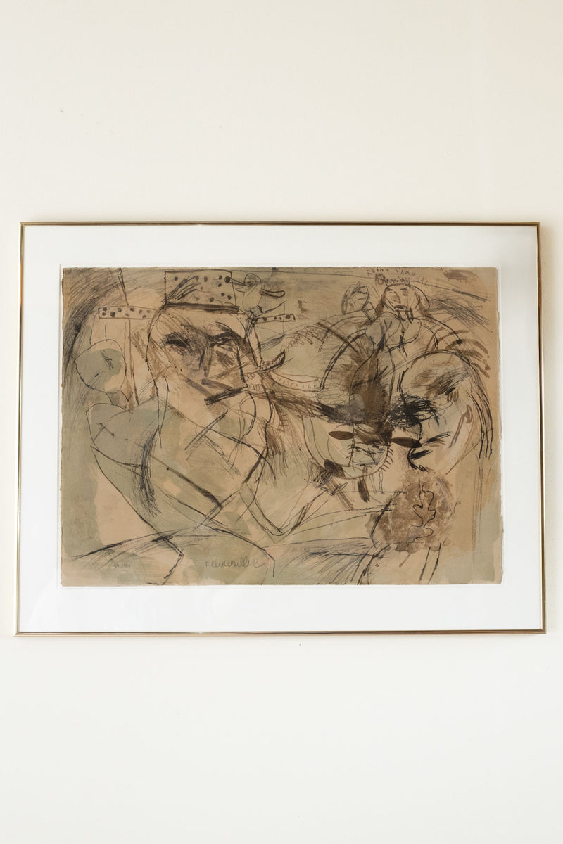 Framed lithograph sketch showing expressive figurative drawing in sepia tones