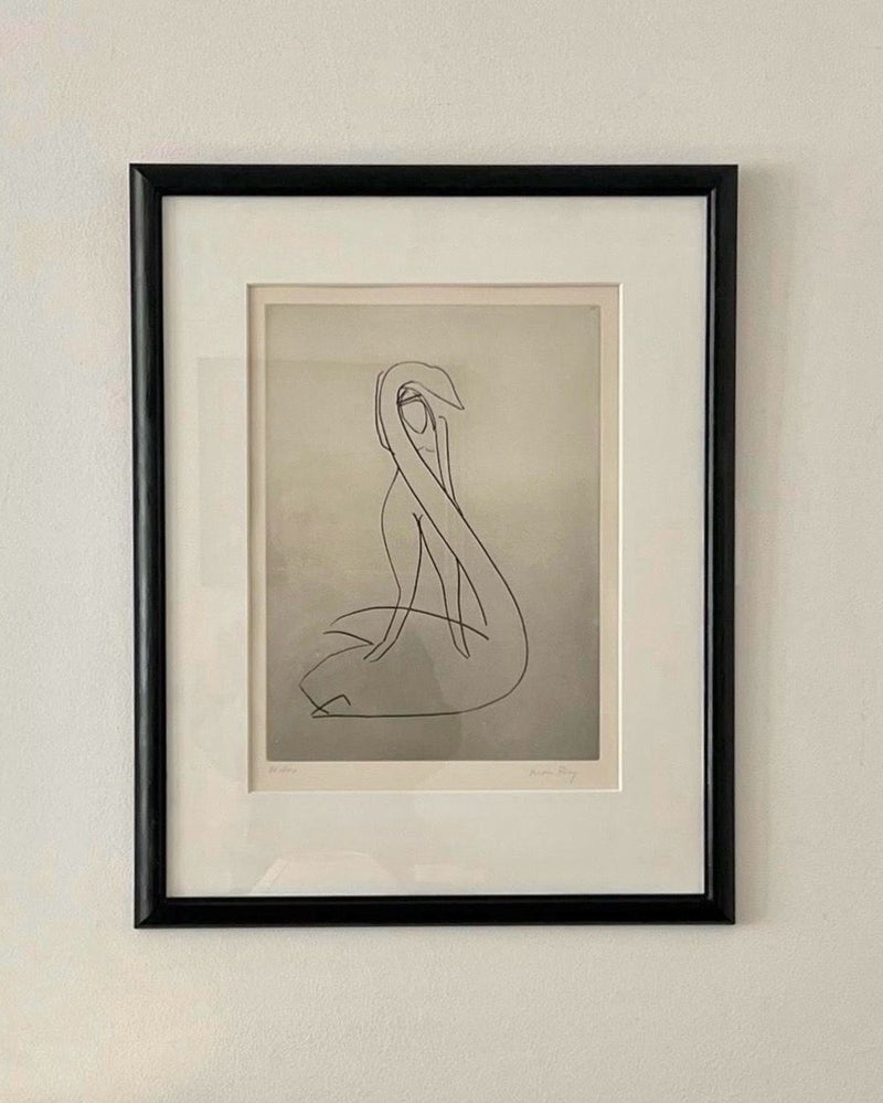 Man Ray minimalist line drawing etching of seated nude figure