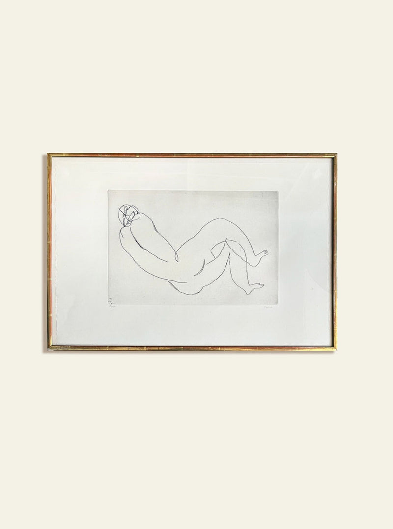 Reclining nude line drawing by Jean Fautrier in gold frame