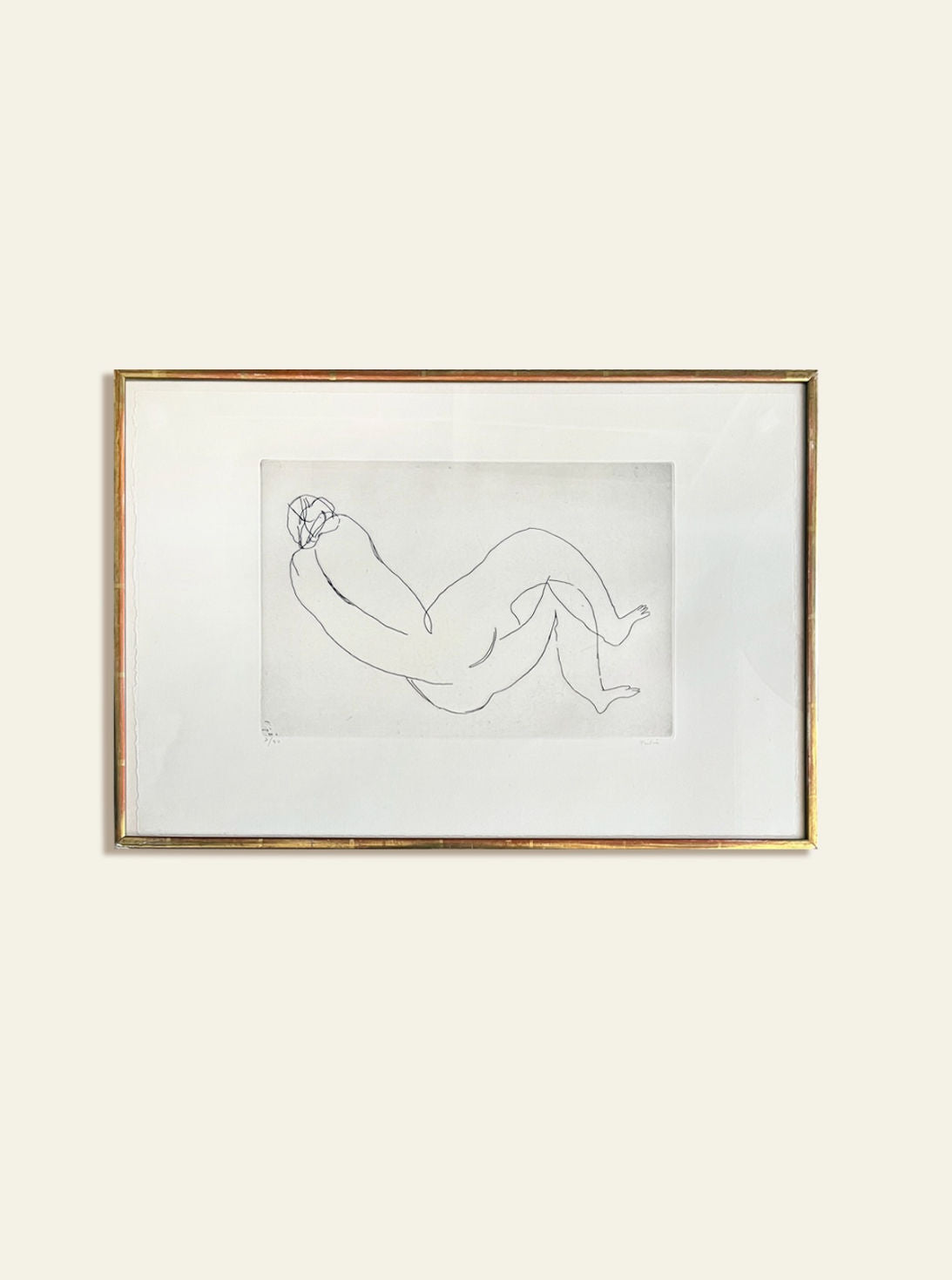 Reclining nude line drawing by Jean Fautrier in gold frame
