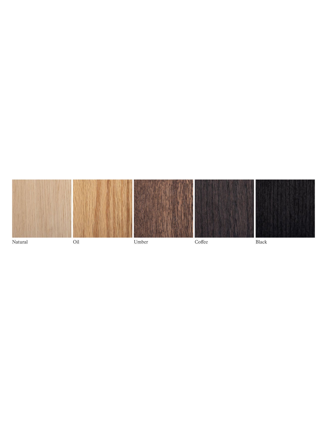 Five rectangular wood samples from the Obstacles Sister Table range, showcasing natural grain patterns. Colors shift from Natural to Black. Ideal for crafting circular tables or geometric bases, each sample is thoughtfully labeled.