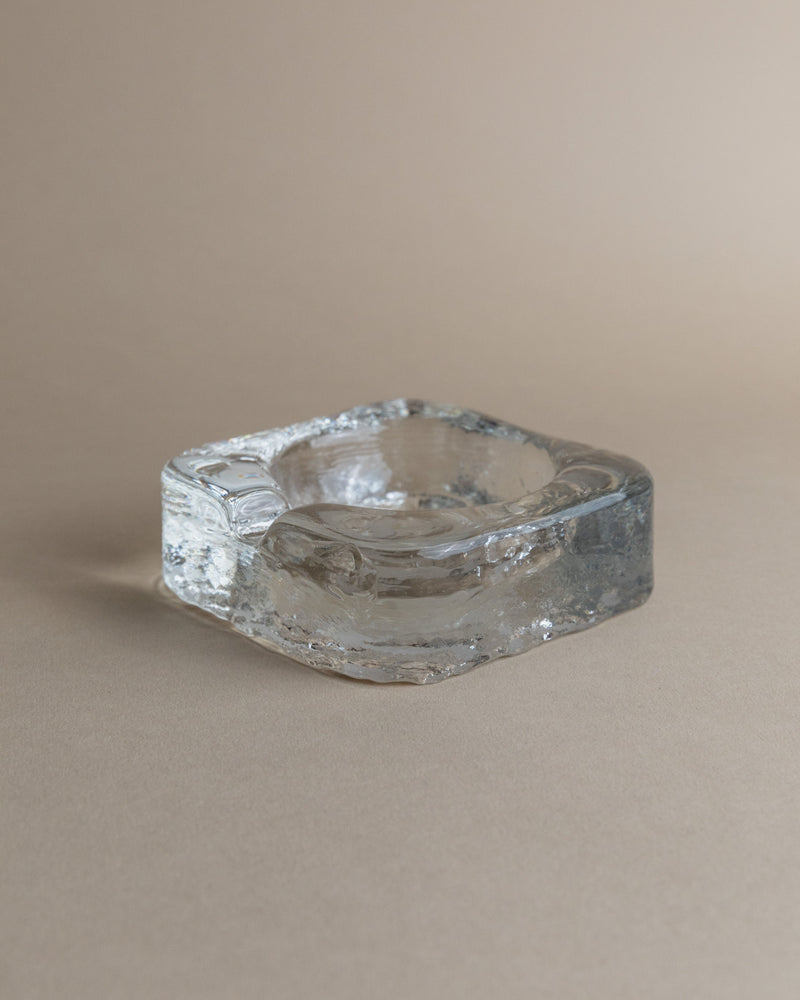 Clear Murano glass ashtray with organic curved form and bubble texture