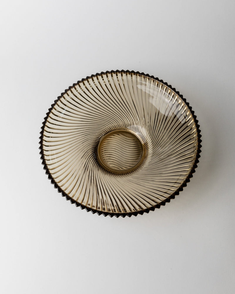 Amber smoked glass bowl with radiating ribbed pattern, 1970s vintage