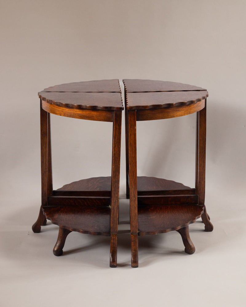 Two vintage wooden demilune side tables forming complete circle