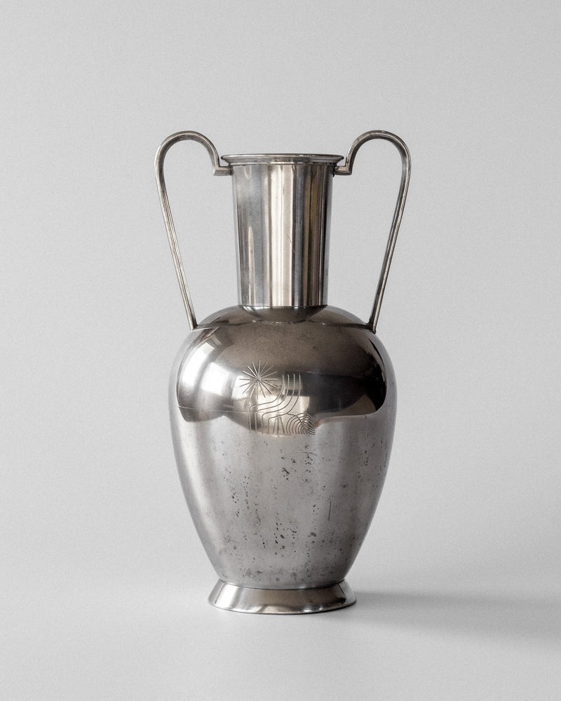 Large 1930s modernist pewter amphora vase with twin handles