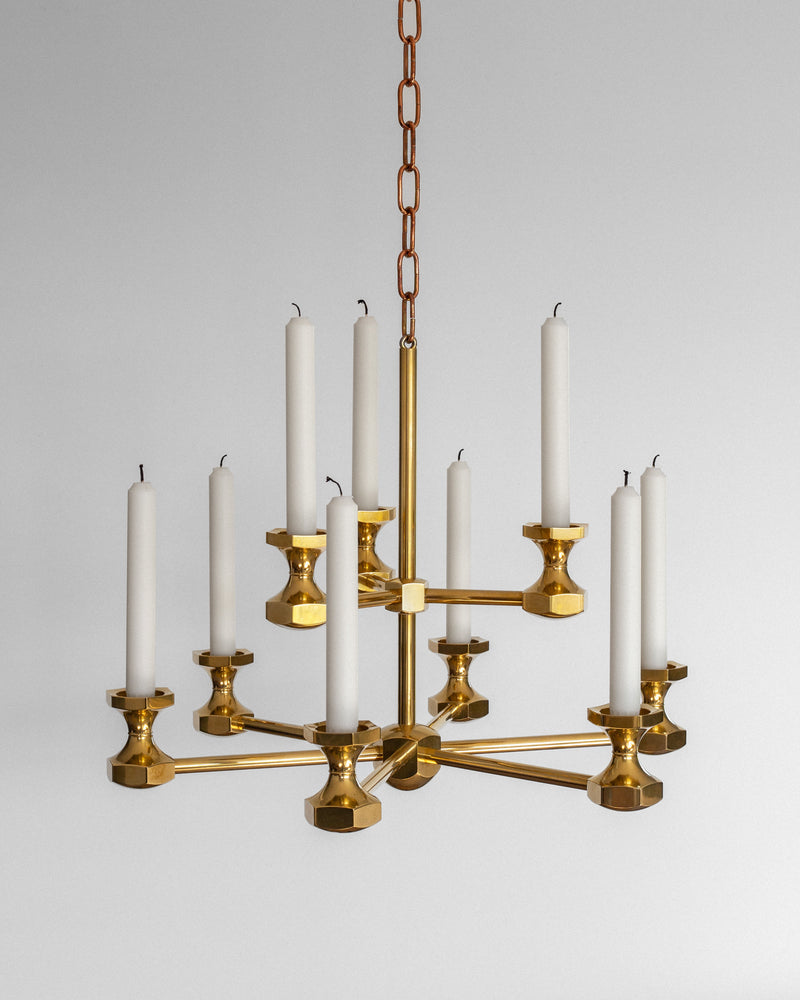 Monumental brass candle chandelier with white tapers, 1980s vintage