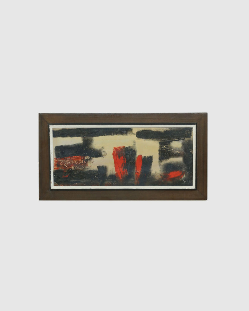 Abstract painting with red brushstrokes and dark forms on cream canvas