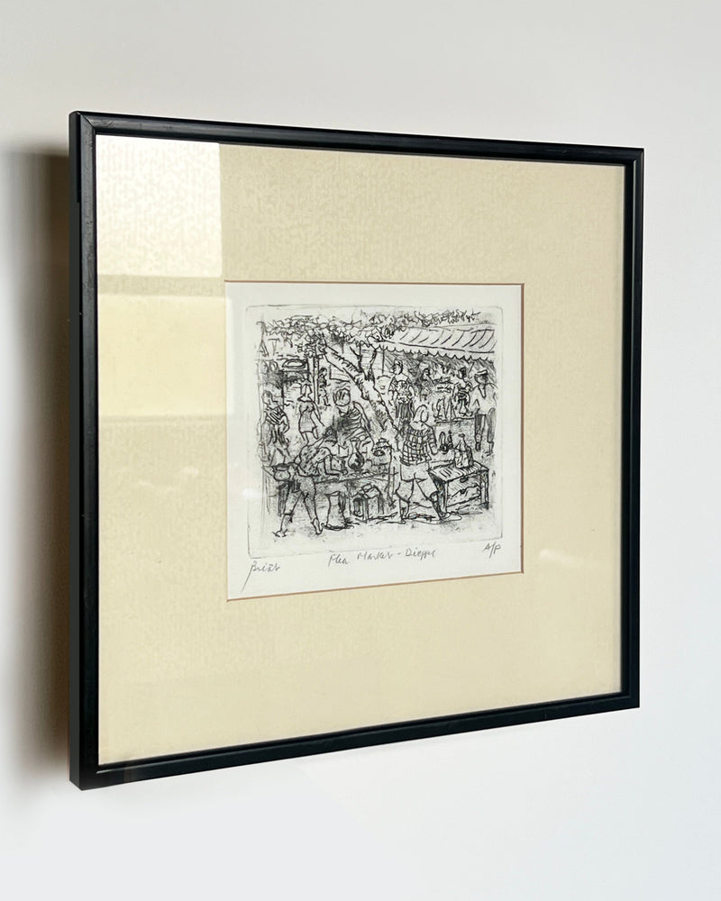 Framed charcoal sketch of bustling flea market scene by Porter Studio