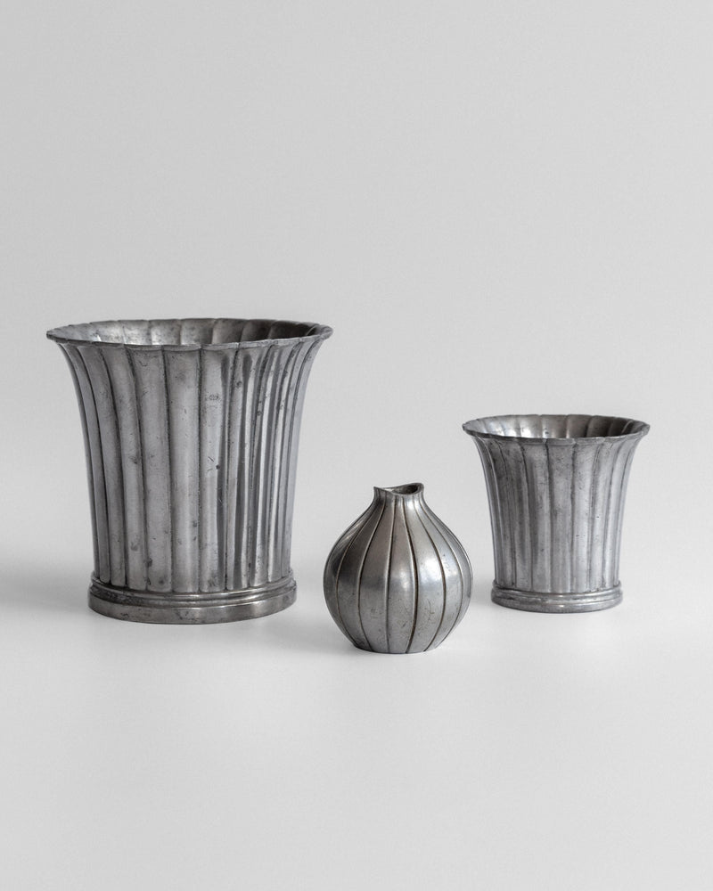 Three vintage Just Andersen pewter vases with ribbed design, 1930s-40s