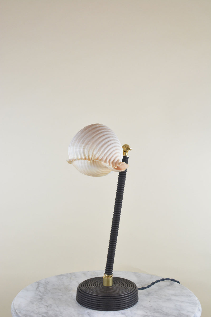 L'Escargot table lamp with ribbed shell shade on black coiled base