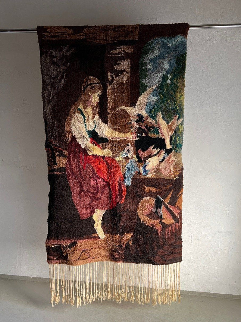 Swedish high pile wool wall hanging with colorful woven scene, 1960s