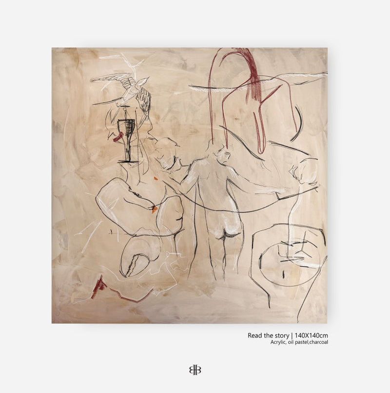“Read the story vol. 01 and vol.02” by Dovile Bernotaite is a 140x140 cm diptych acrylic painting with sketch-like lines, fragmented human forms, neutral beige hues, touches of red, and geometric outlines.