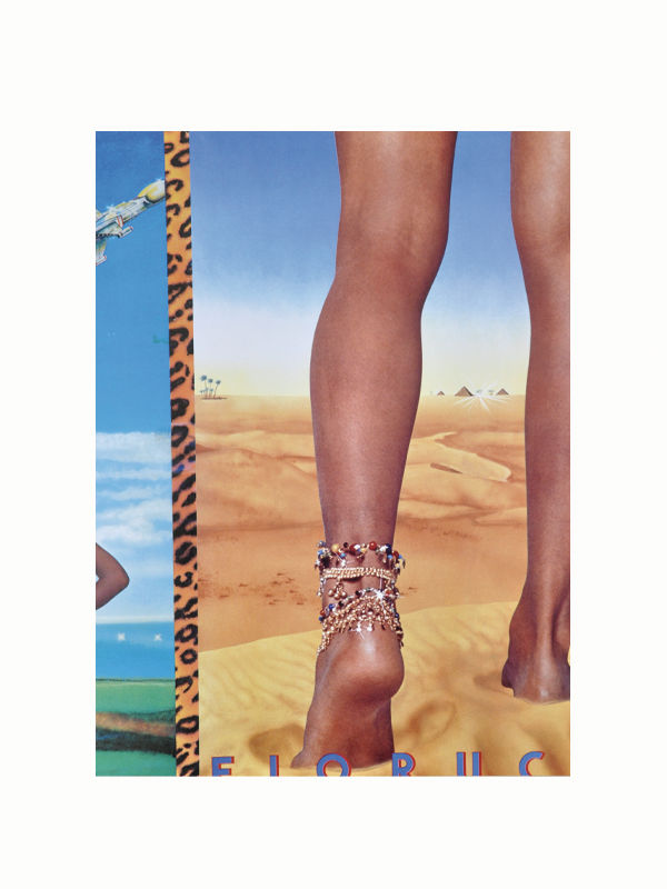 An artistic image of a person's bare legs standing in a desert landscape, reminiscent of 1980s fashion. One ankle is adorned with multiple anklets. The background features sand dunes and pyramids, evoking scenes from a Maison Plage Fiorucci fashion book. A narrow strip with cheetah print and another partial scene decorates the left side.