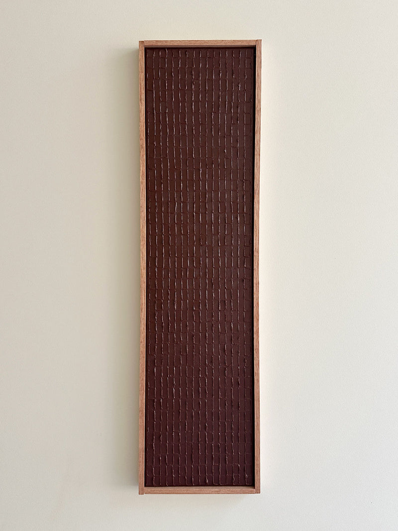 Abstract textured painting with vertical linear pattern in dark brown earth tones