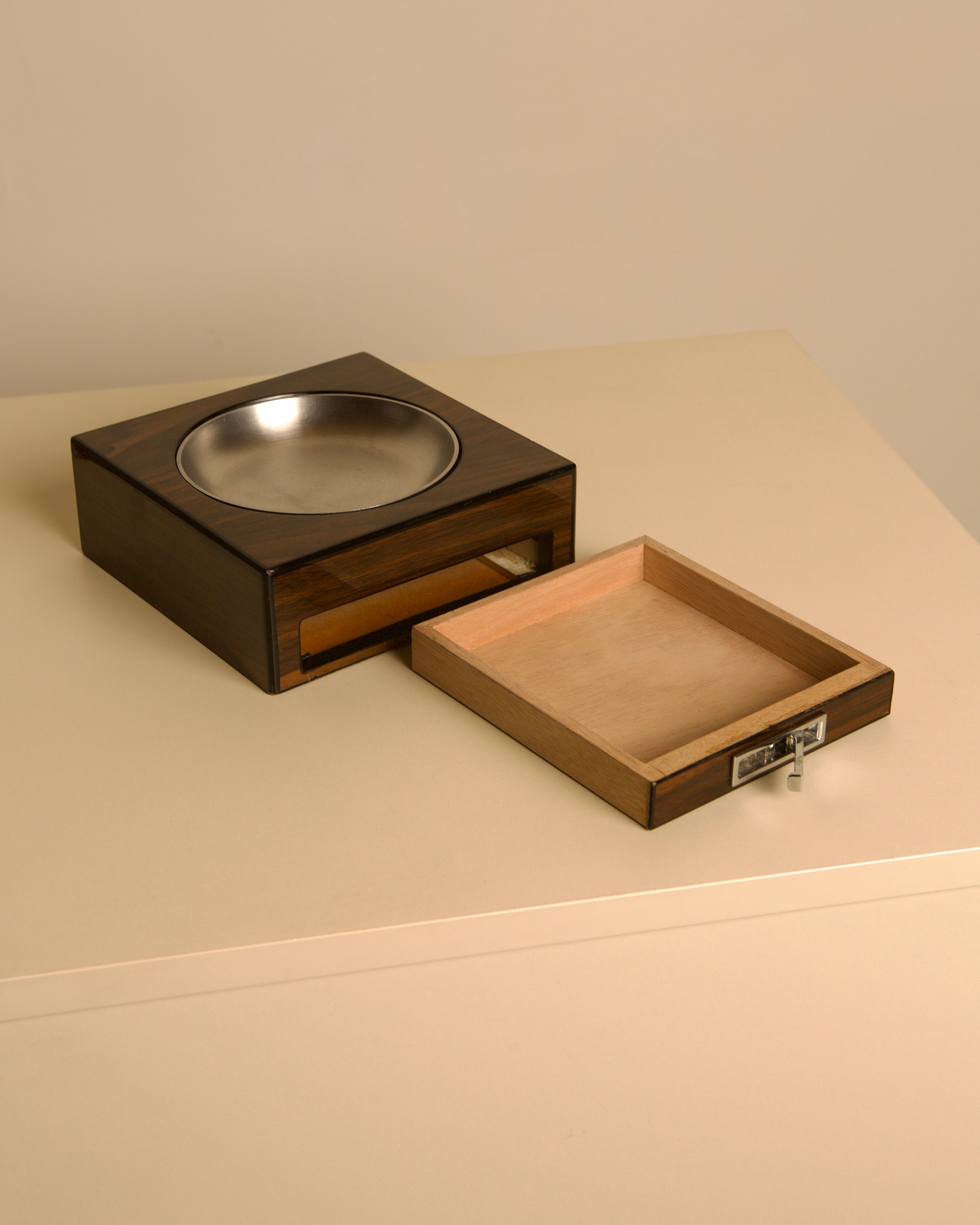 Italian rosewood veneer and steel box / catchall, 1980s — detail view