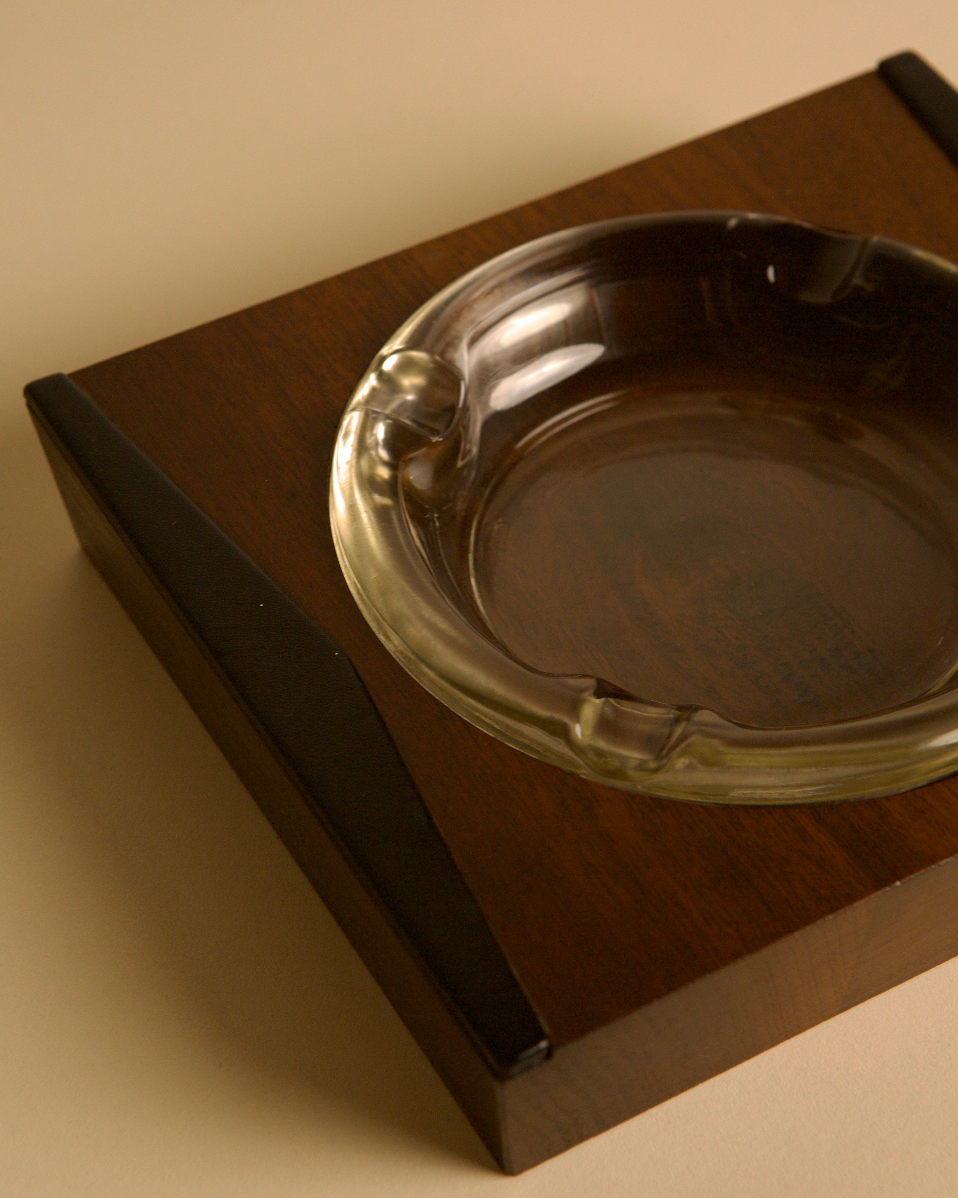 Italian solid wood and black leather ashtray, 1960s — alternate view
