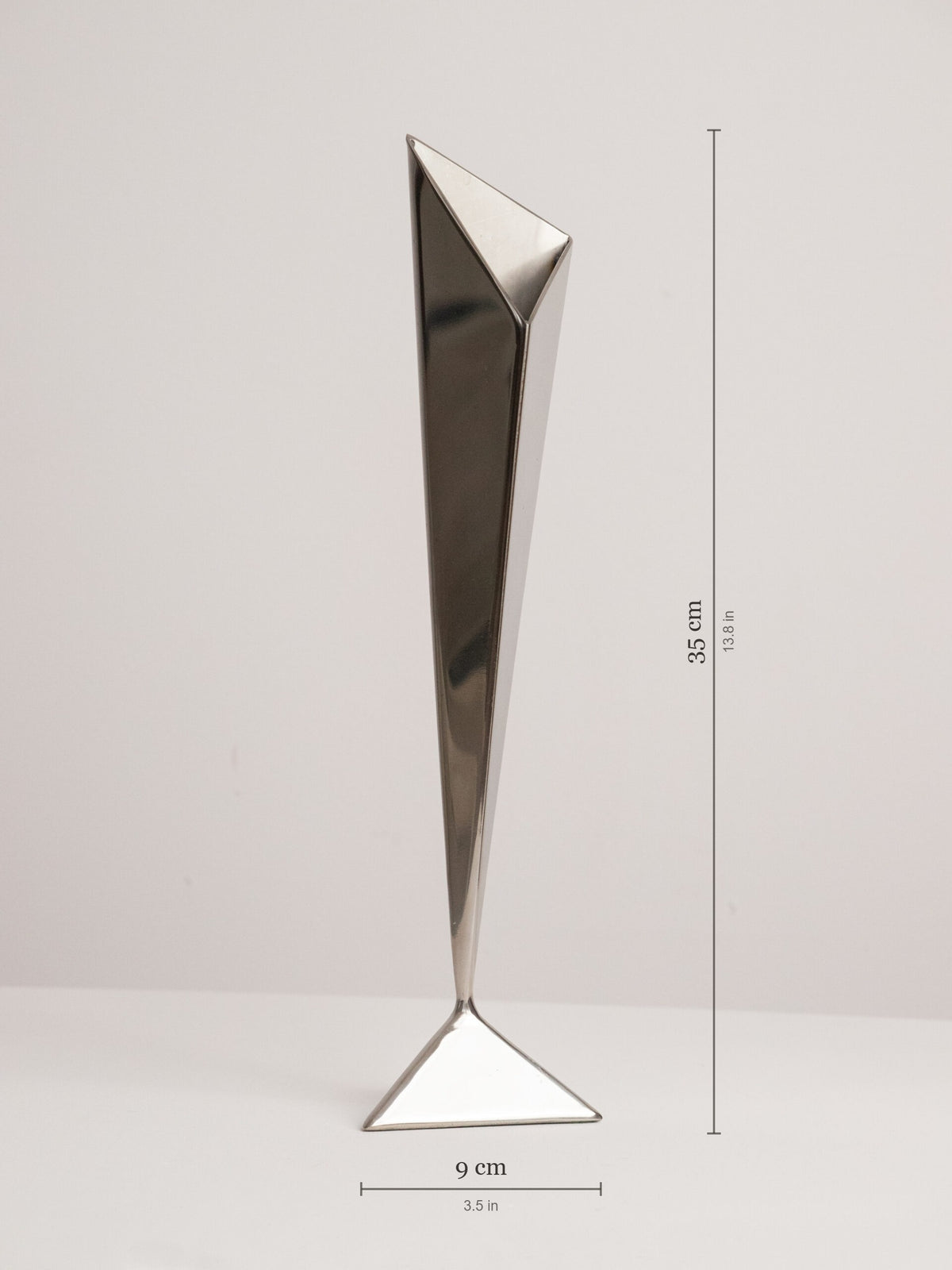 Folded Stainless Steel Bud Vase, Inverted Cone on Triangular Pyramid Foot, Space Age, 1960s-1970s — detail view