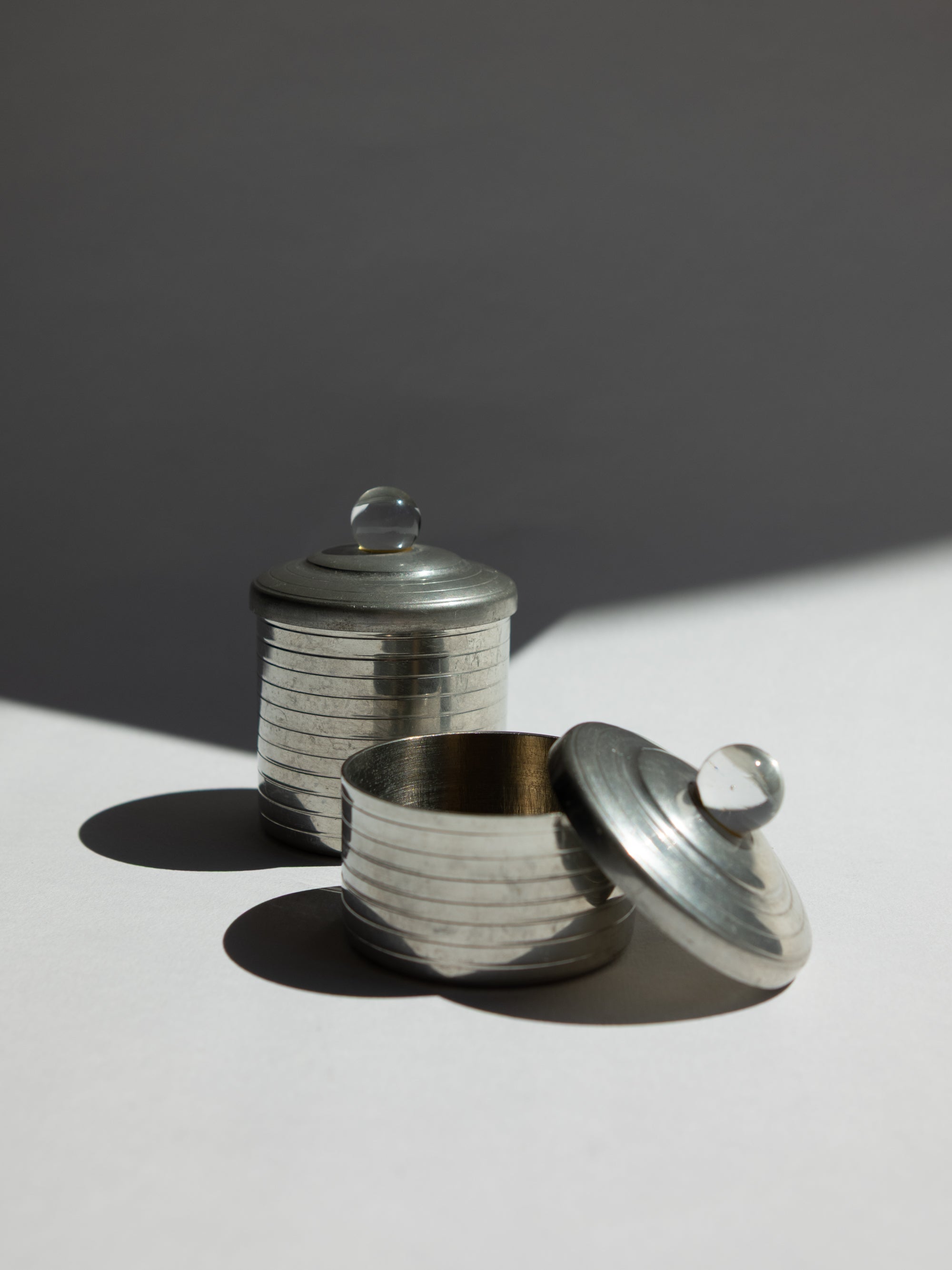 Pair of French Art Deco Pewter Vanity Pots with Glass Orb Finials, c. 1930s — detail view