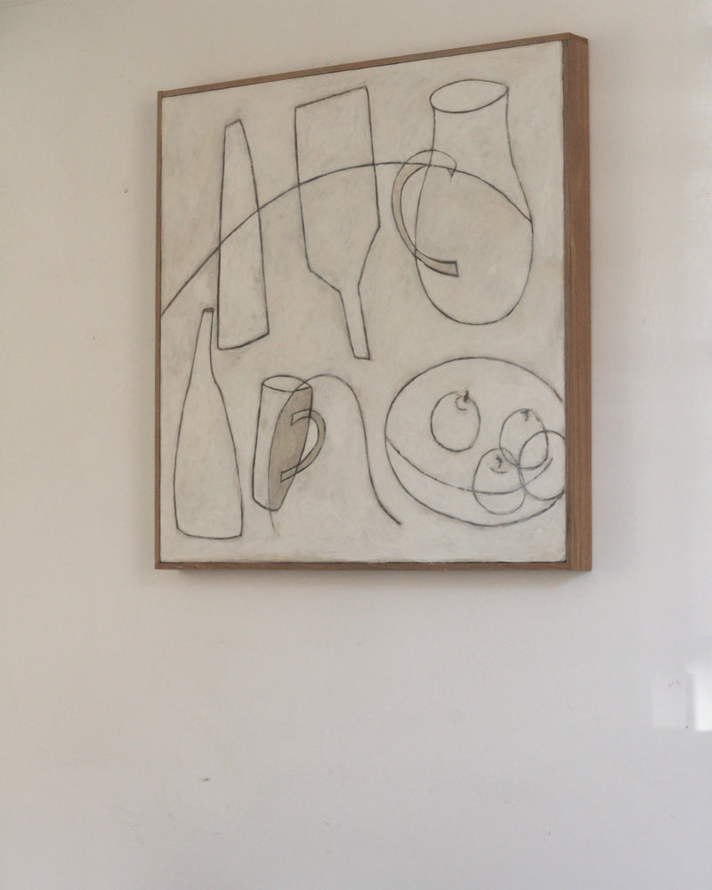 Minimalist line drawing still life painting with vessels and fruit
