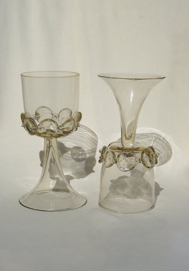 Pair of Mouthblown Wine Goblets - Chain — close-up of glass with decorative beads