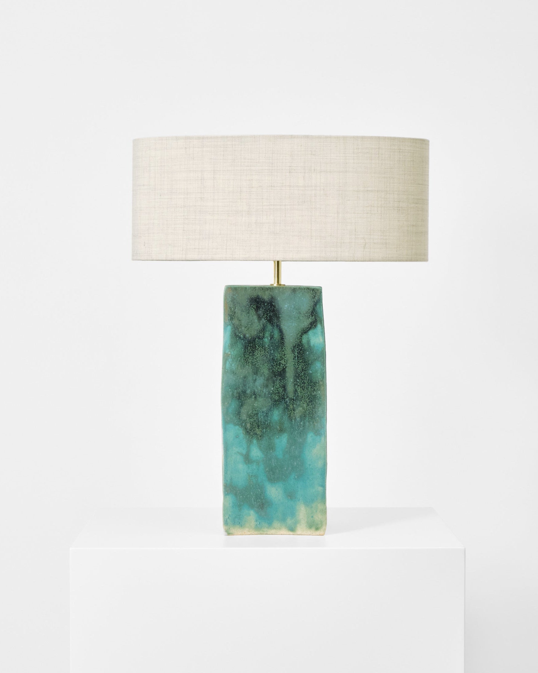 Rectangular Ceramic Lamp by Project 213A | The Oblist — turquoise ceramic base, linen shade
