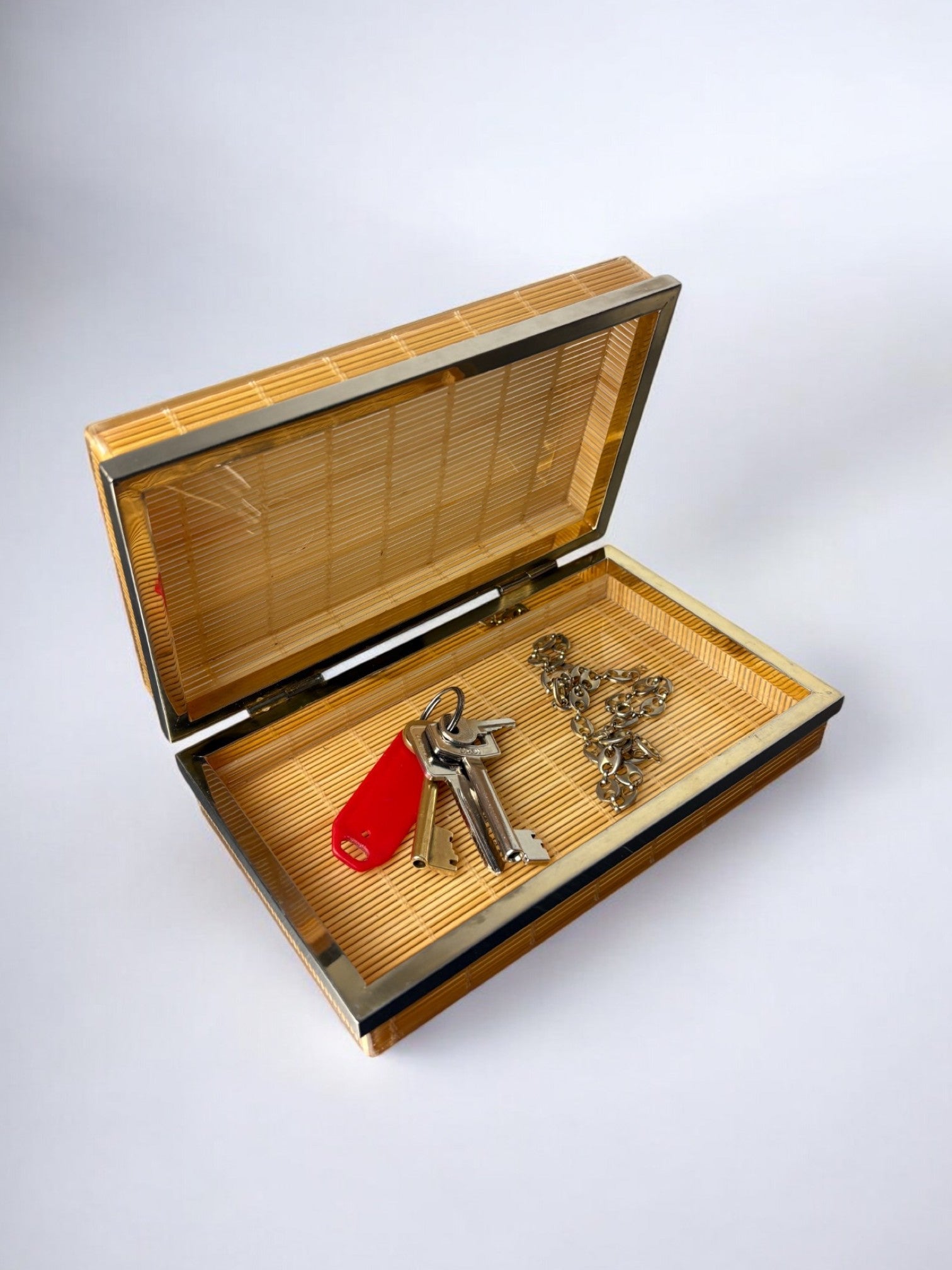 Christian Dior Style Lucite & Rattan vanity Box, 1970 — side angle