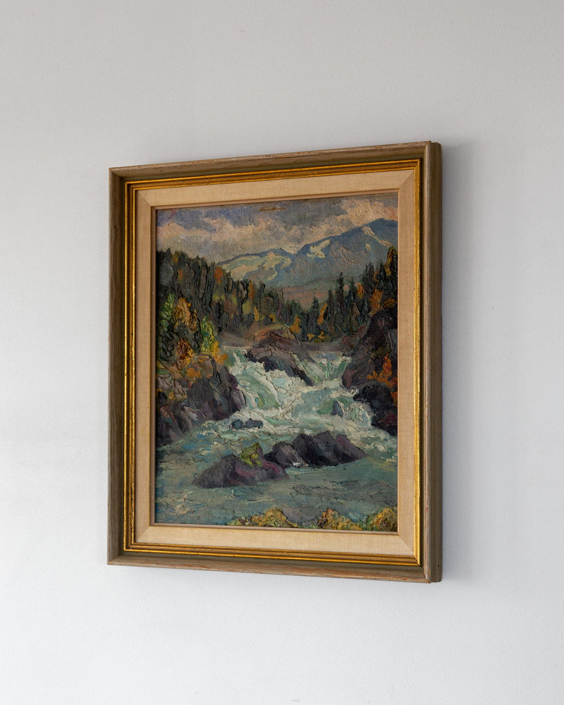 Vintage Nordic Landscape Painting, 1930s-40s — angled view of framed artwork on wall