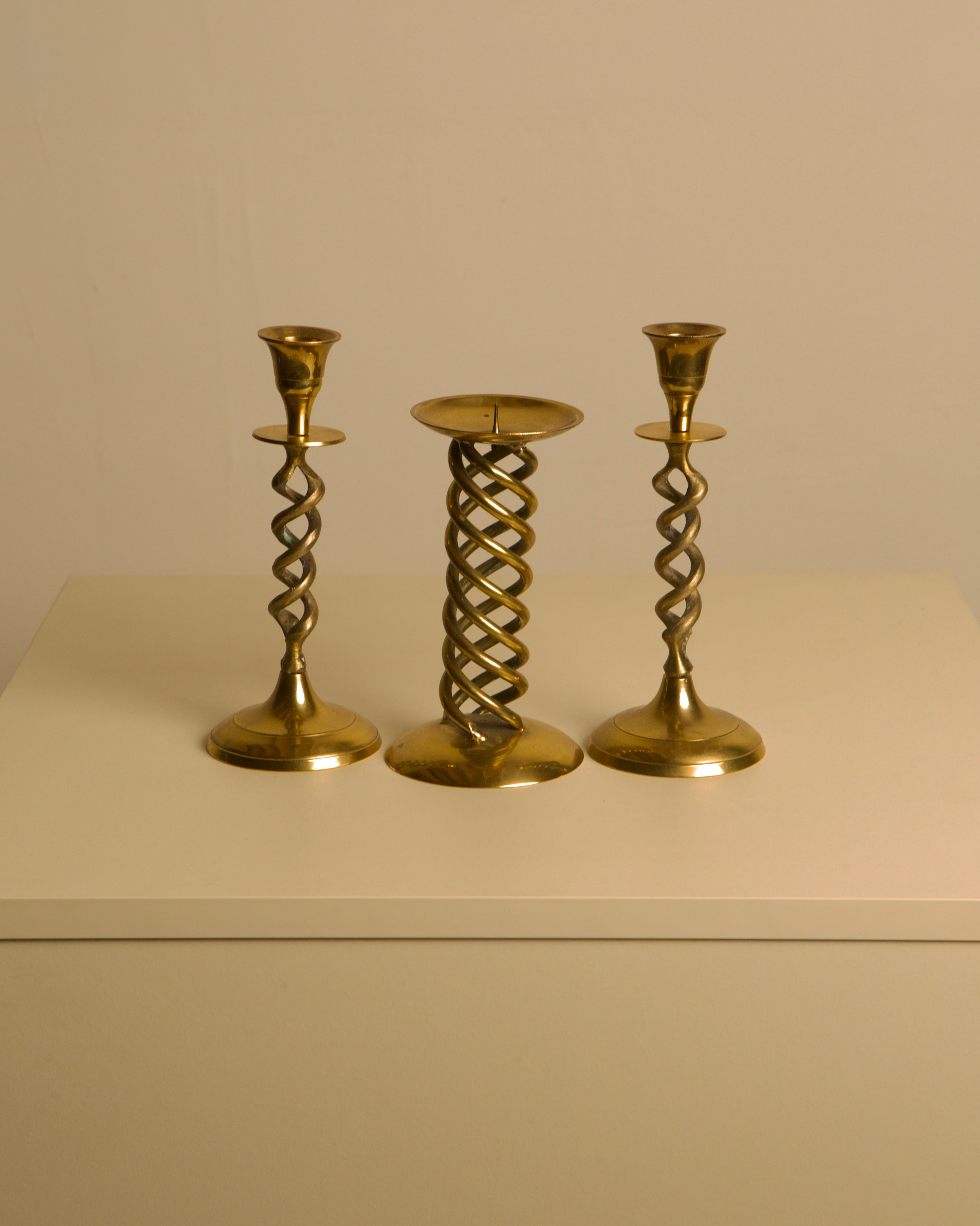 Set of 3 Italian 60's Gold Metal Candleholder — side angle showing twisted design