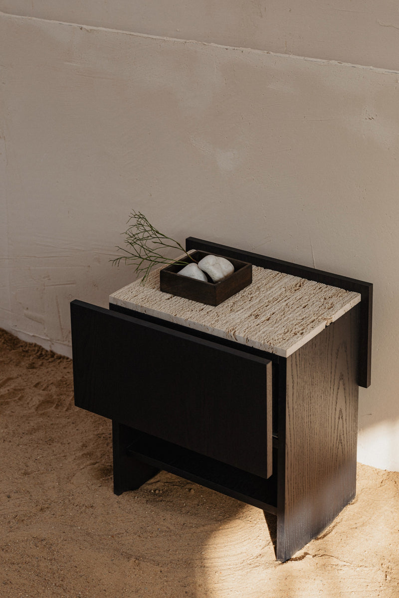NOTO Night Stand — close-up of black wood with textured top