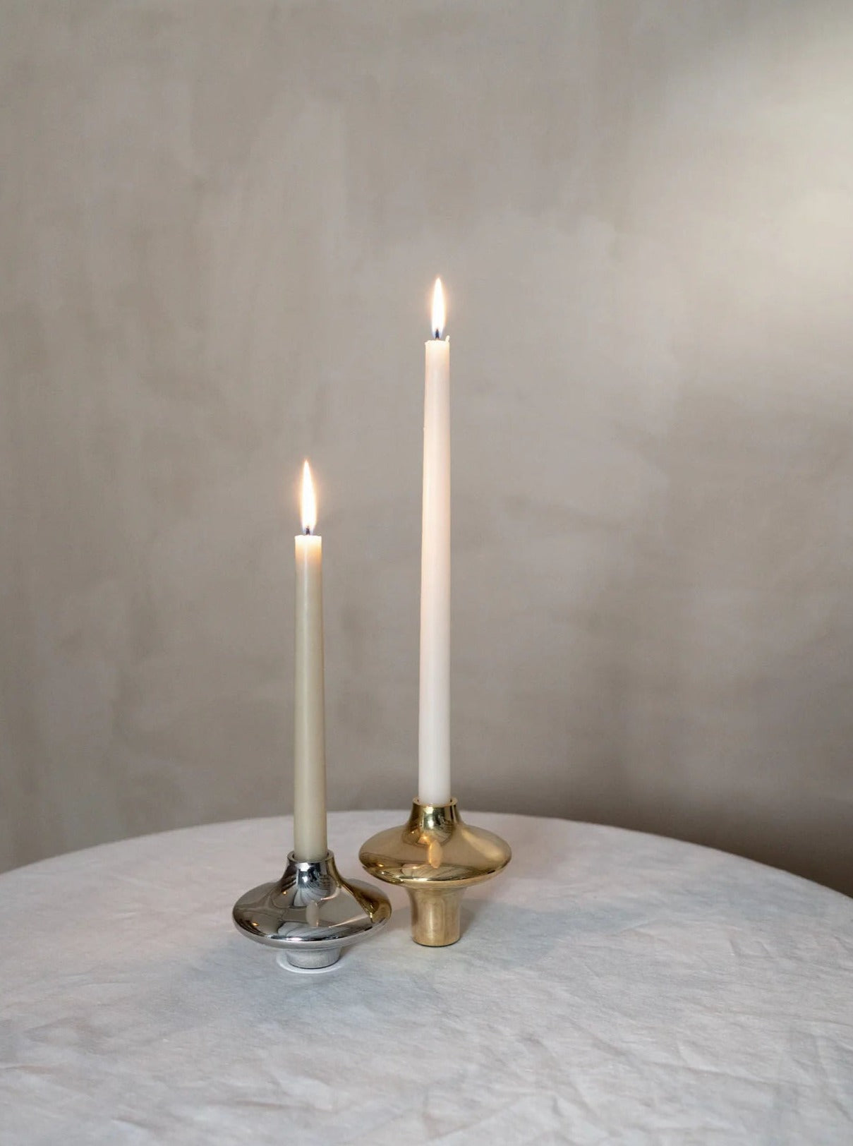 Doublet Candleholder - Large - Silver — top view on white table with candles