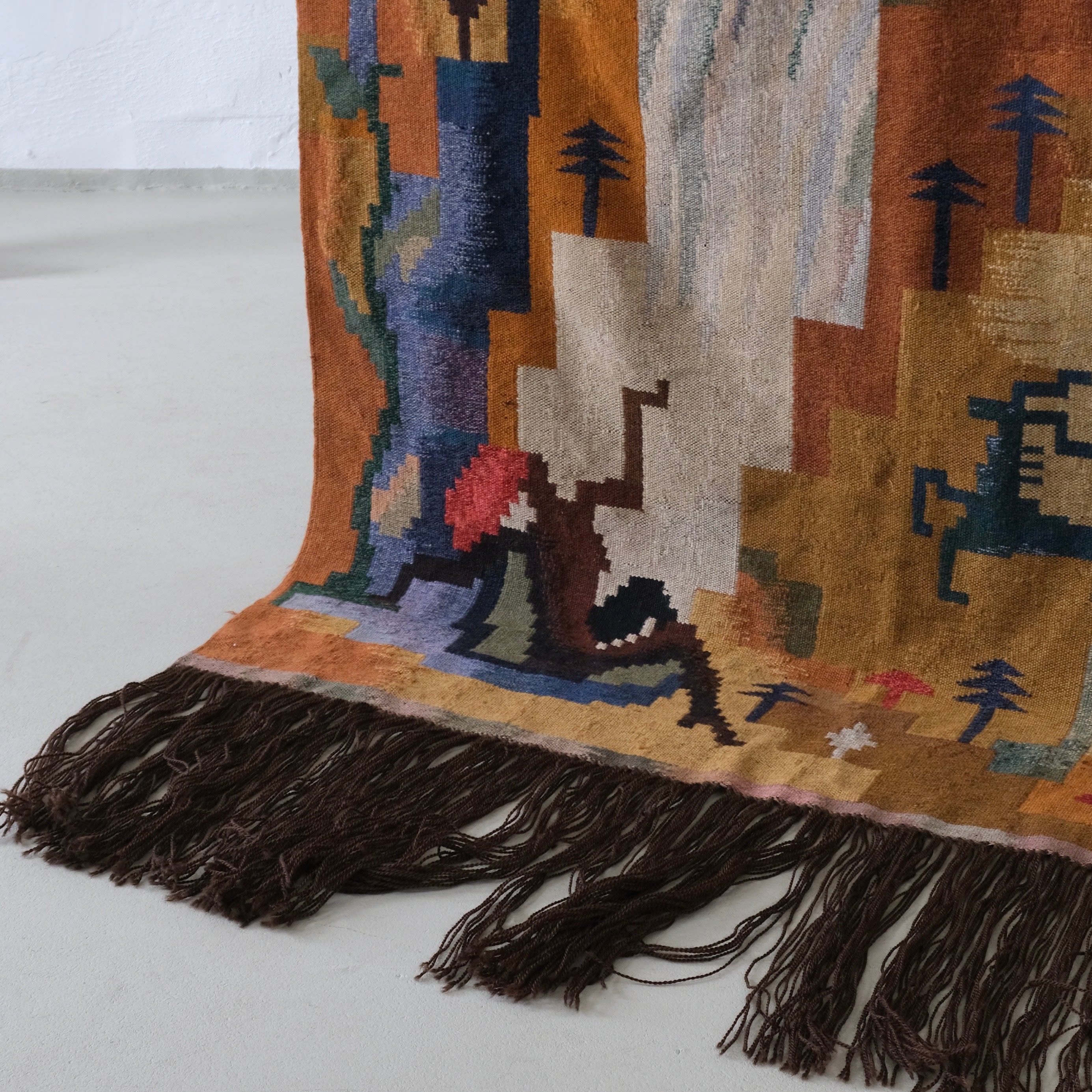 Carl Edvin Svensson Wool Wall Tapestry, Sweden, 1930s — corner view with colorful patterns and fringe
