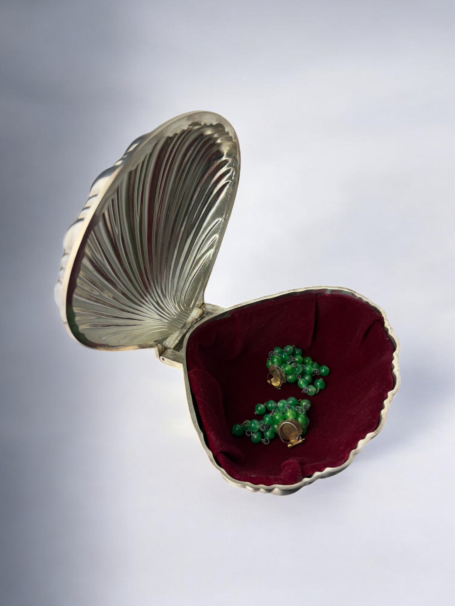 Shell Jewelry Box, Silver Plated, Italy, 1980s — open view showing red velvet interior