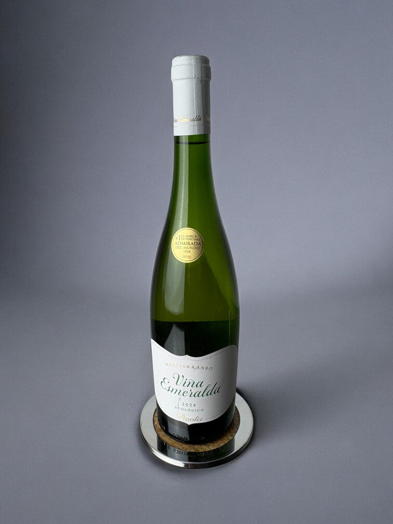 Christian Dior Style Lucite & Rattan Bottle Coaster, Italy, 1970's — bottle resting on reflective lucite base