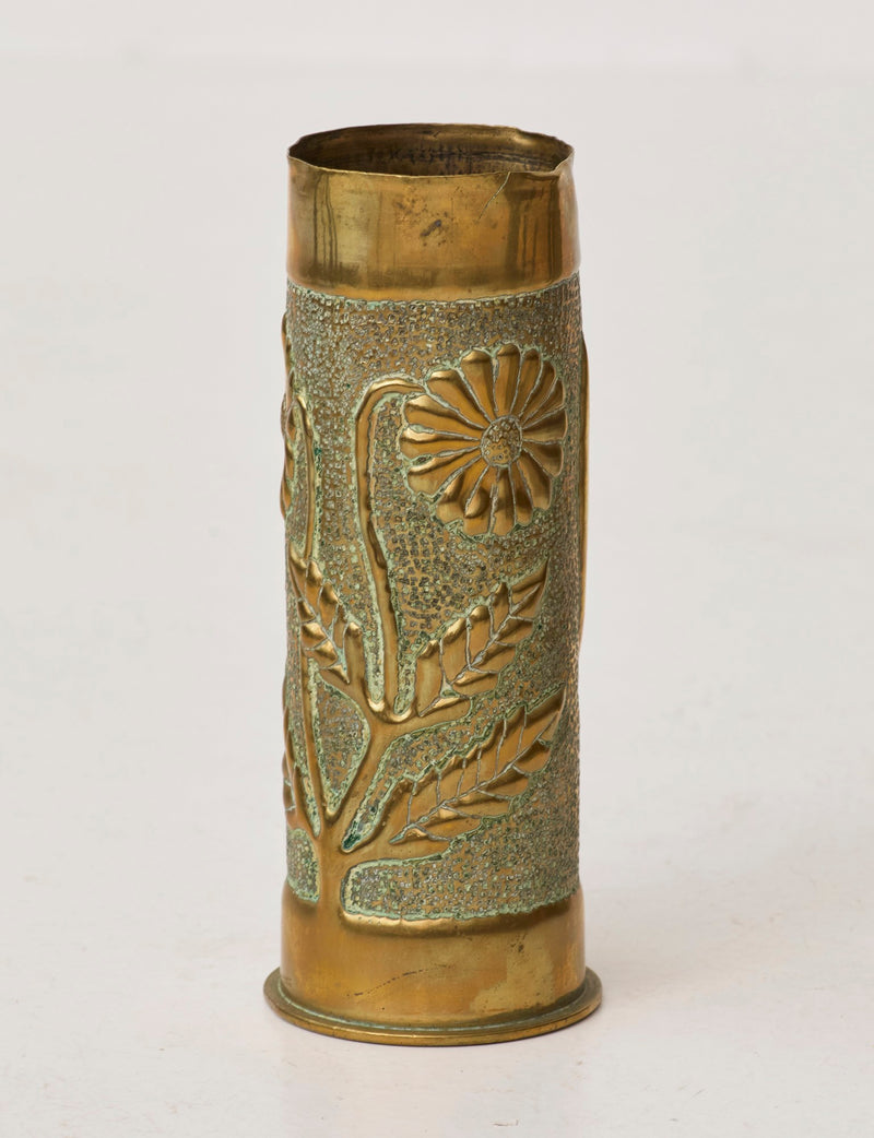 Vintage Vase in Metal Brass (hand-repoussé Daisy and Lily of the valley motifs) — side angle