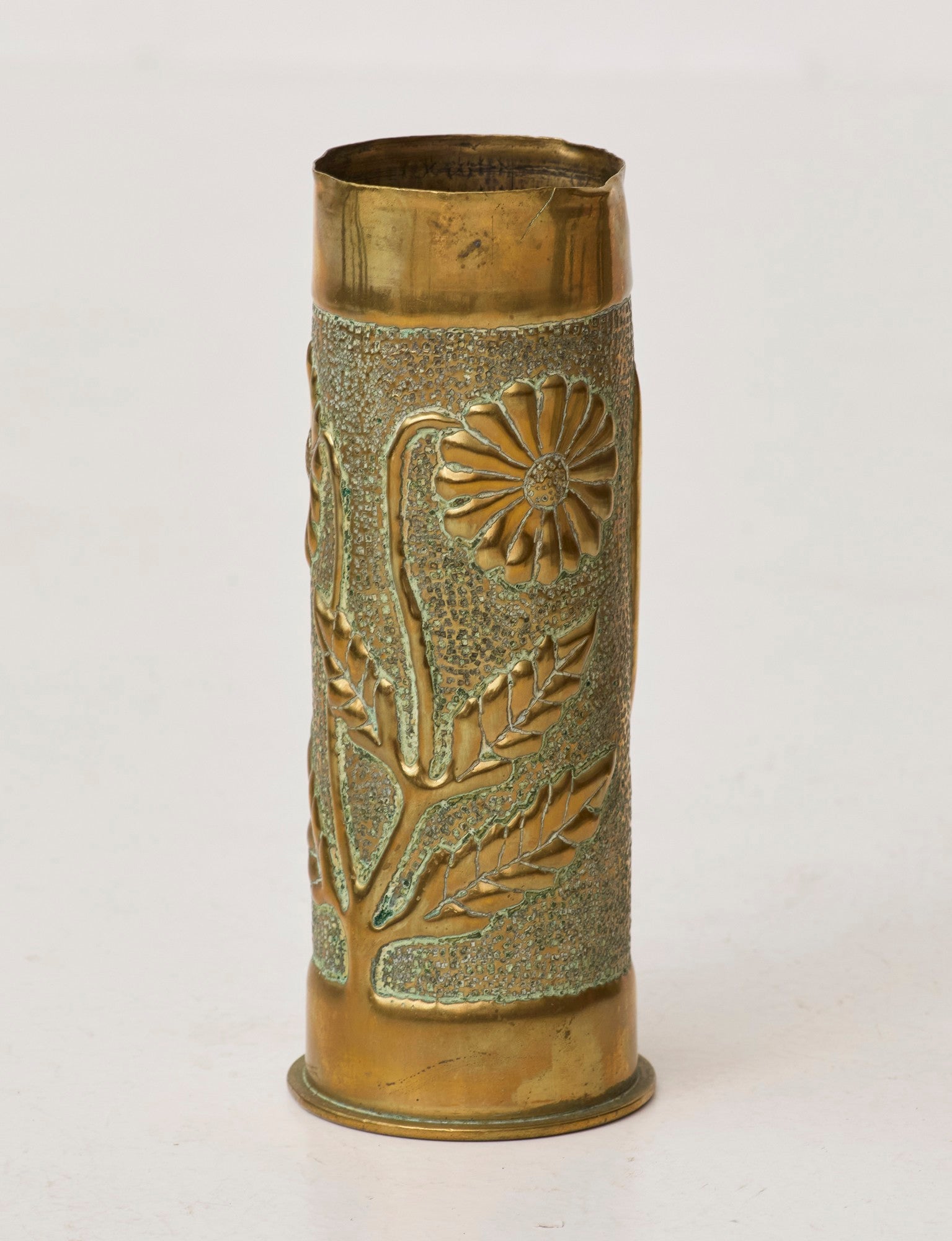 Vintage Vase in Metal Brass (hand-repoussé Daisy and Lily of the valley motifs) — side angle