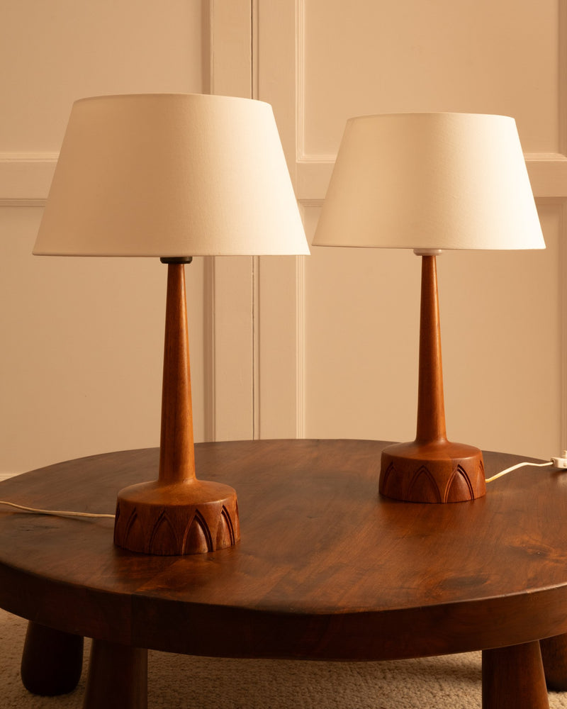 Pair of Swedish teak table lamps with cream shades, 1960s