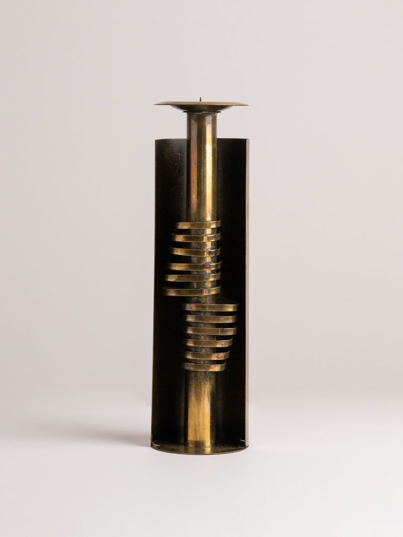 Brutalist Metal Candle Holder- Czesław Palczewski, 1970s Mid Century Modern — close-up of brass and black metal design