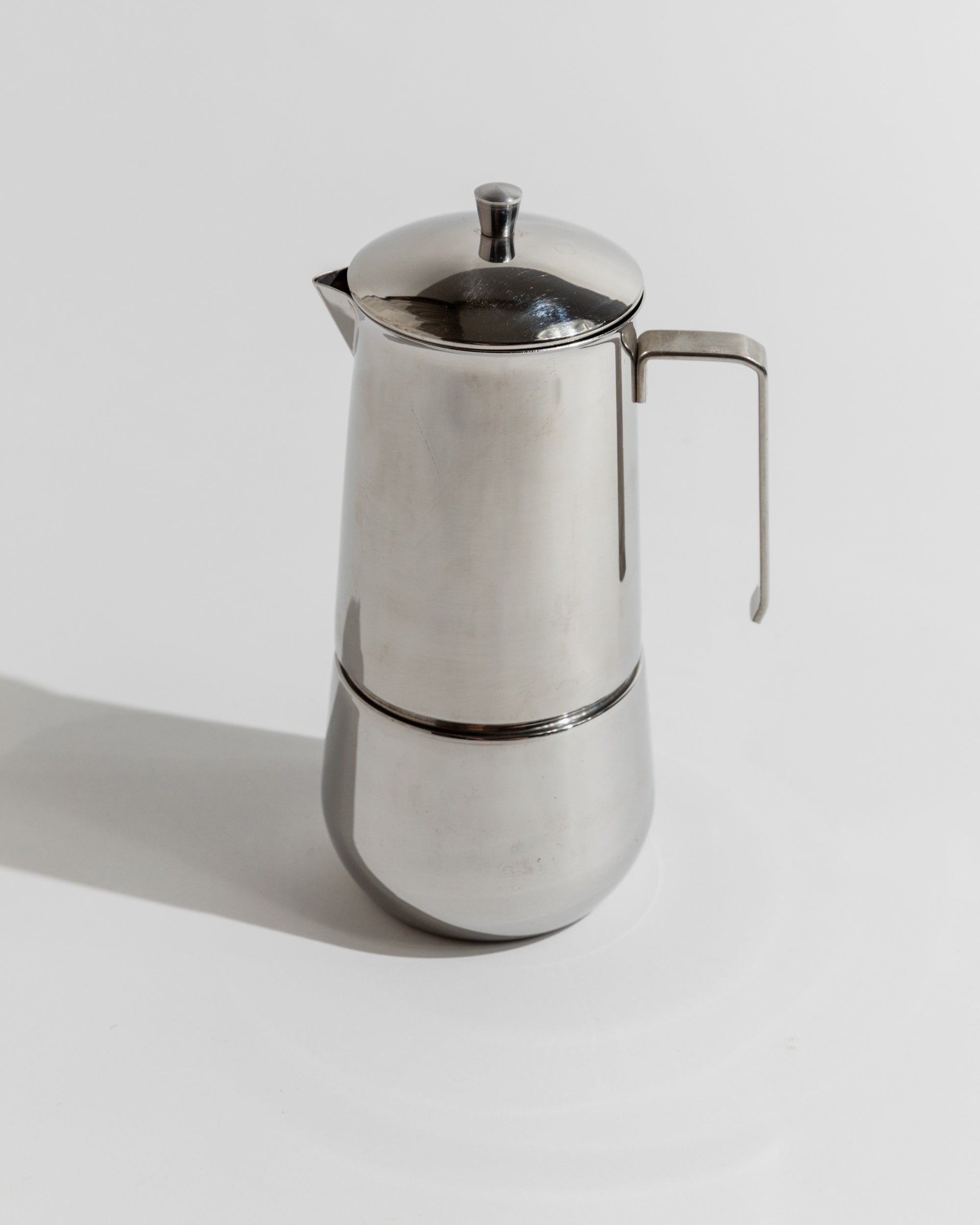 Elegant Vintage Coffee Set, 13 Pieces, Stainless Steel, Design by Gnutti Italy 1980s, Gift — side angle of coffee pot on whit