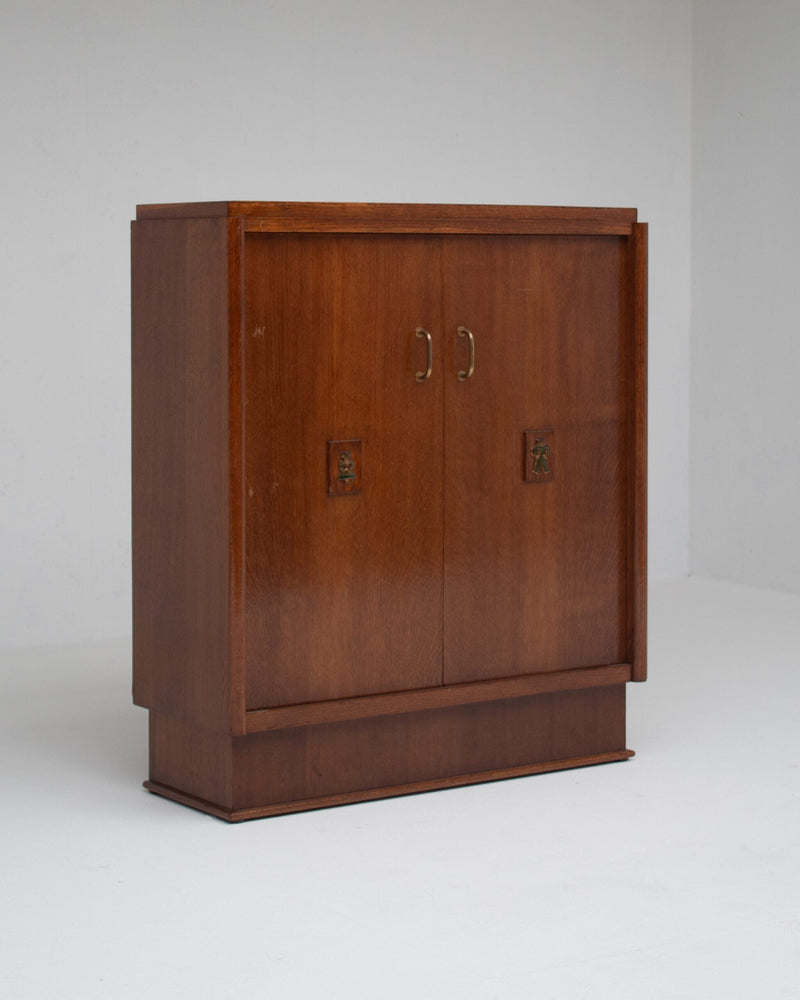 Mid-Century Oak Cabinet with Brass Handles and Decorative Inlays by Malata Antwerp | The Oblist