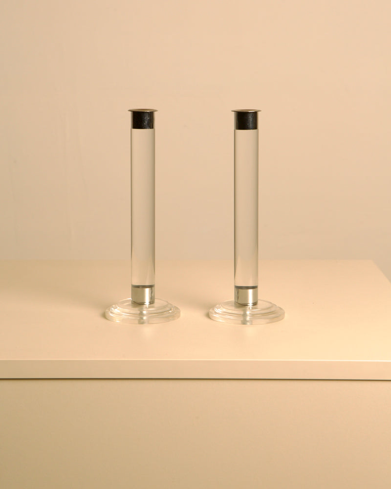 Pair of transparent Lucite candleholders with silver accents 1980s