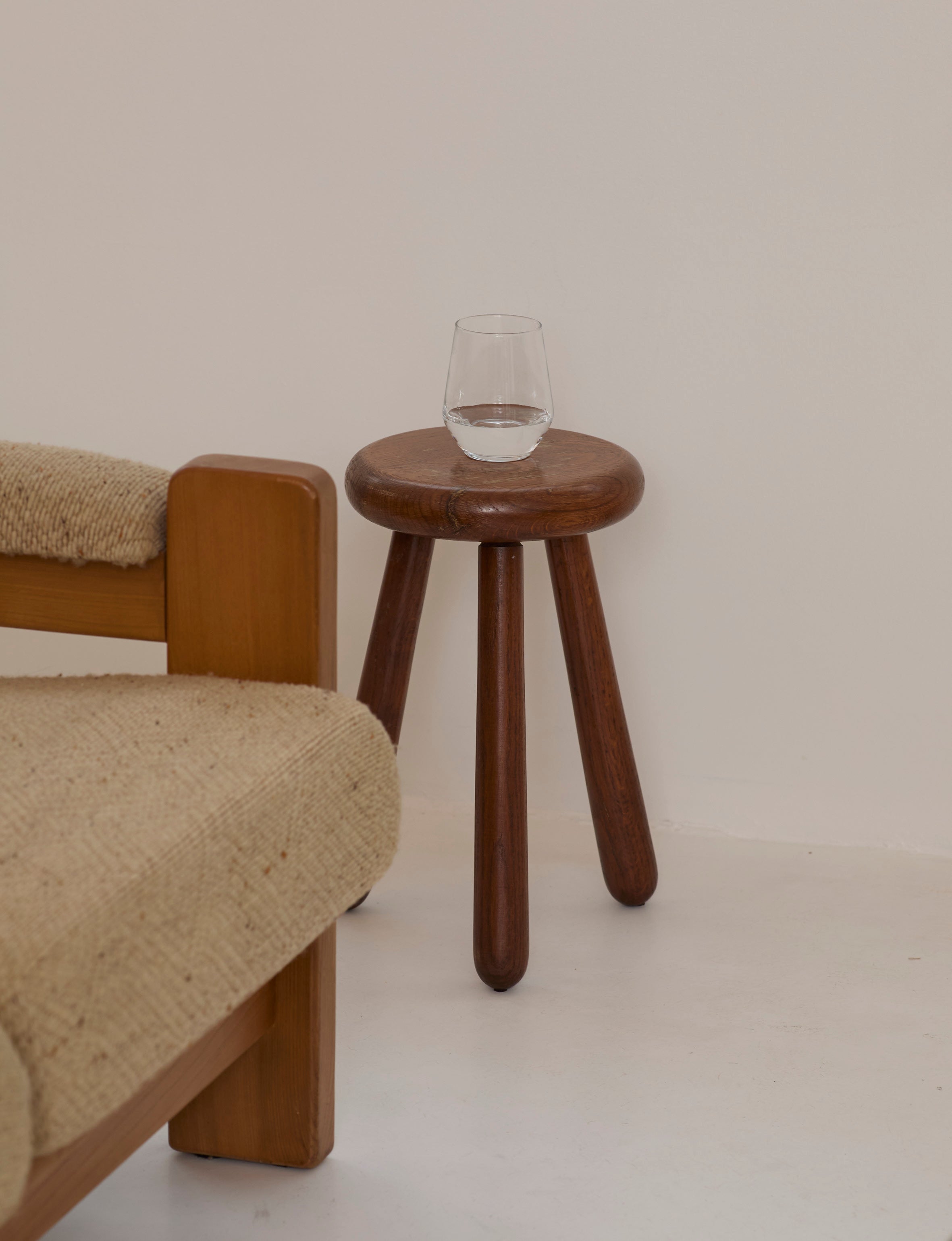Brutalist Tripod Stool Handcrafted in Solid Oak Wood C. 1960