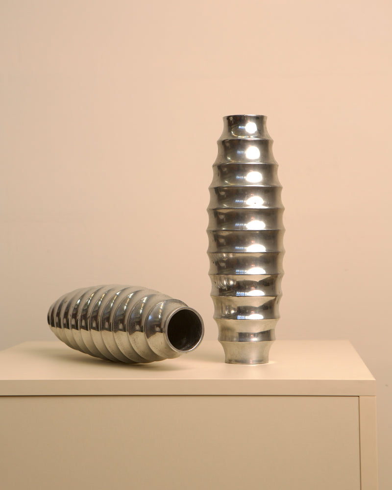 Pair of ribbed cast aluminum vases in strillé style from 1980s