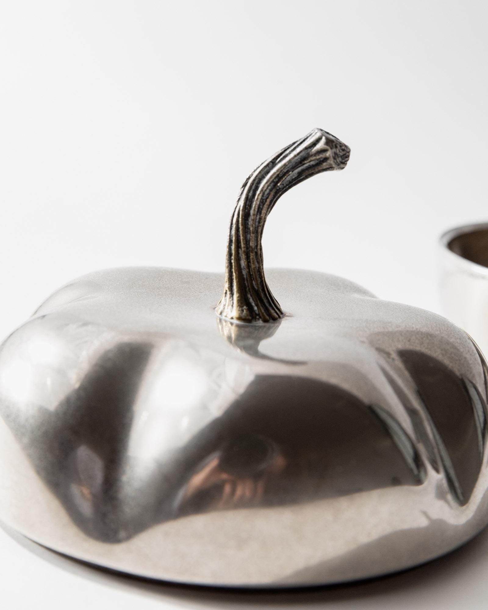 1970s Silver Plated Pumpkin Box — side angle highlighting silver surface and stem