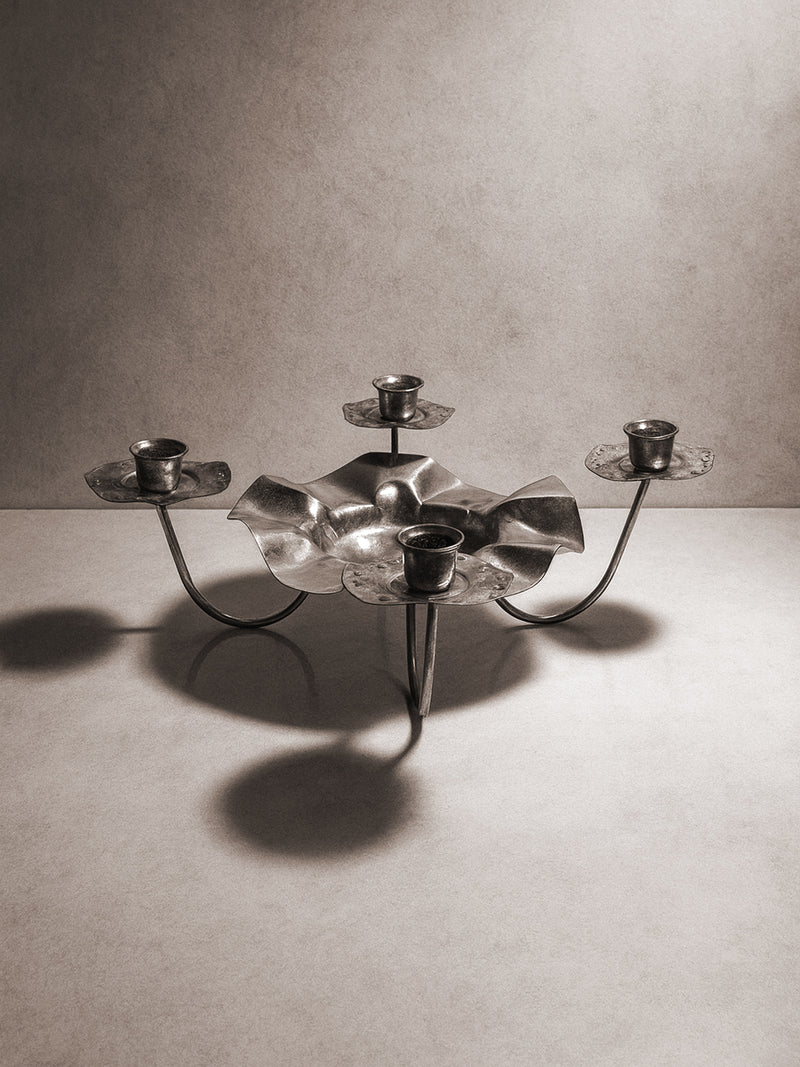 Silver Metal 1960s Candleholder — close-up of flower-shaped design